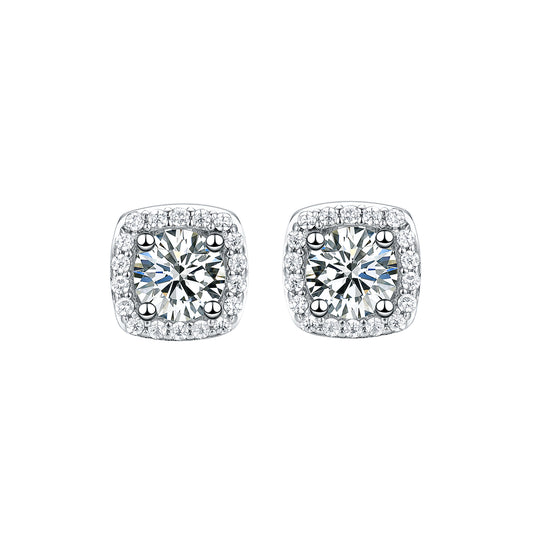 925 Sterling Silver Halo Stud Earrings - Round Cut Simulated Diamond Square Cushion Studs, 14K White Gold Plated, Hypoallergenic Jewelry for Women