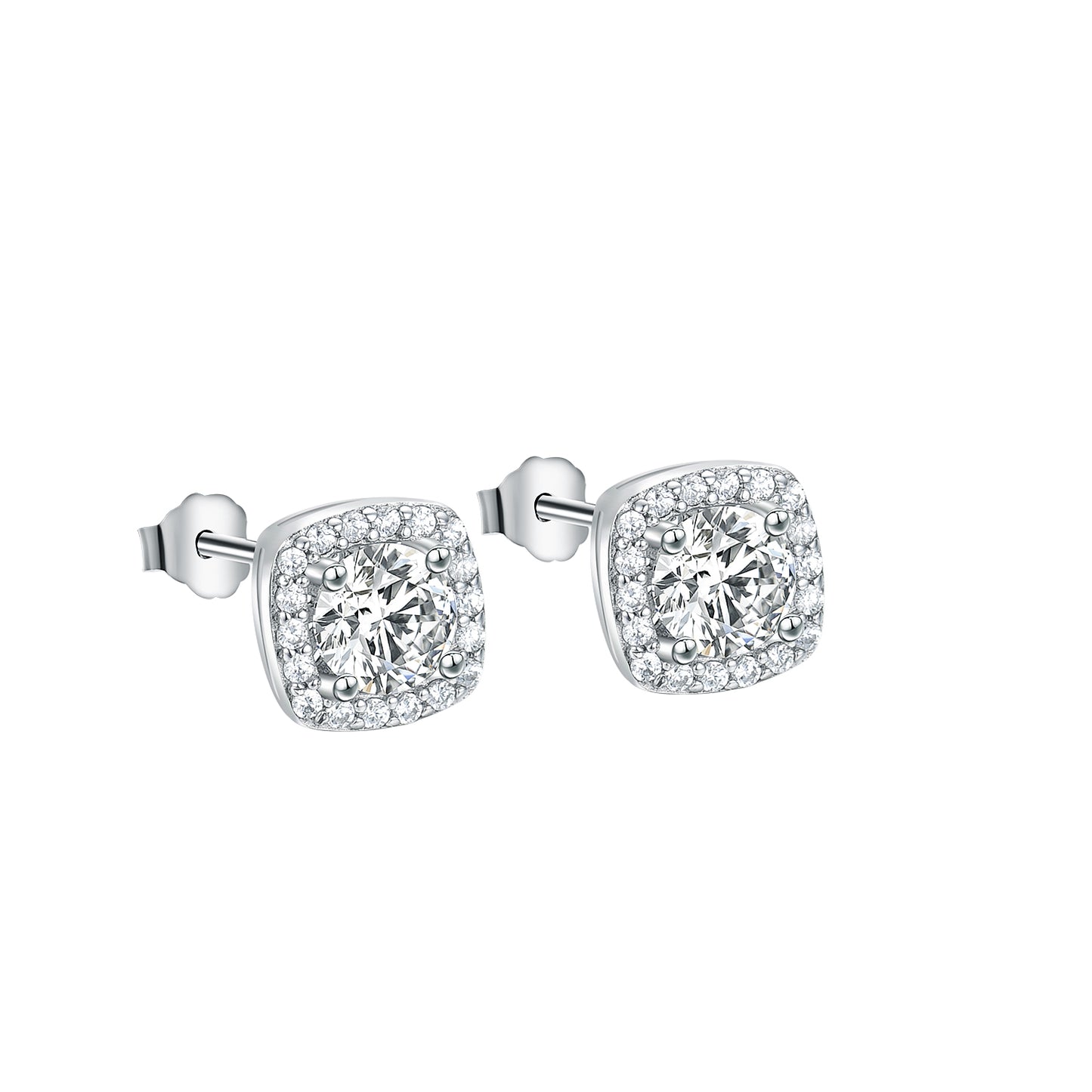 925 Sterling Silver Halo Stud Earrings - Round Cut Simulated Diamond Square Cushion Studs, 14K White Gold Plated, Hypoallergenic Jewelry for Women