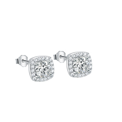 925 Sterling Silver Halo Stud Earrings - Round Cut Simulated Diamond Square Cushion Studs, 14K White Gold Plated, Hypoallergenic Jewelry for Women