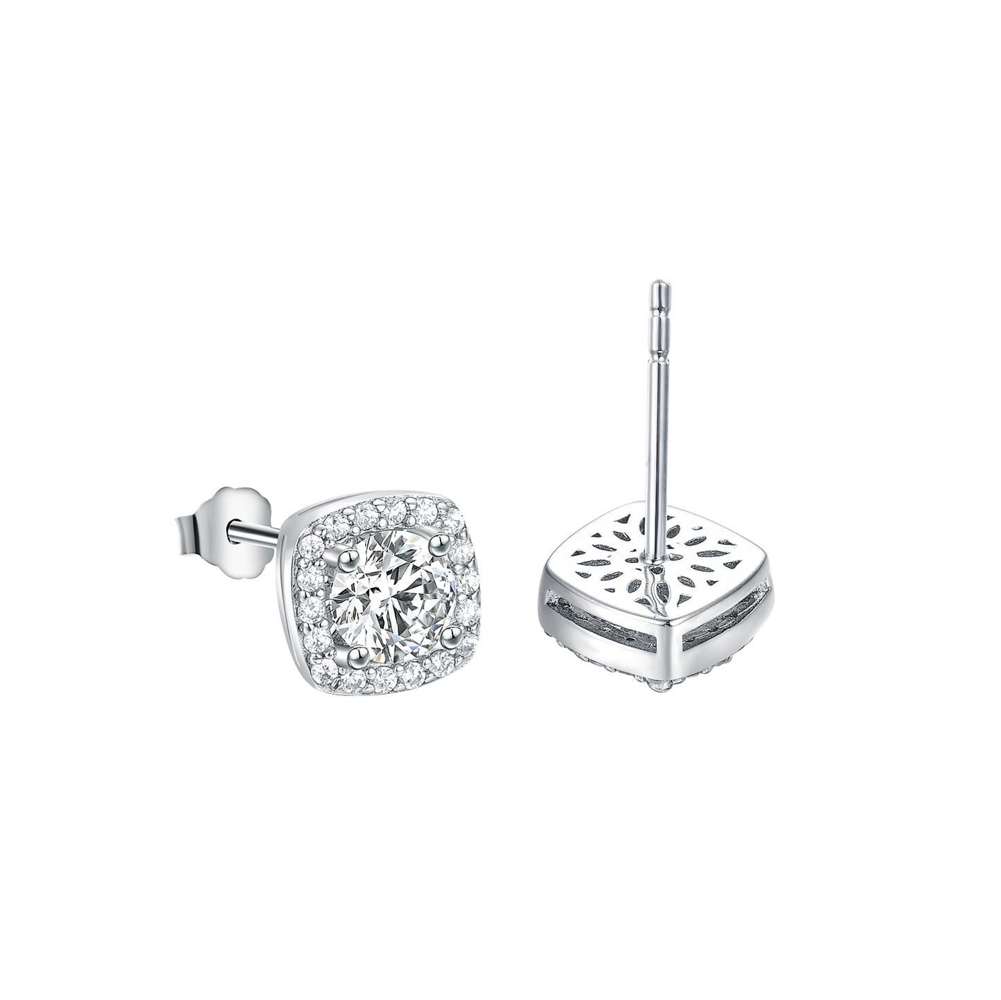 925 Sterling Silver Halo Stud Earrings - Round Cut Simulated Diamond Square Cushion Studs, 14K White Gold Plated, Hypoallergenic Jewelry for Women