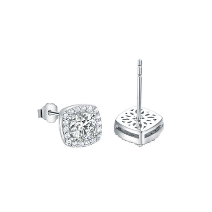 925 Sterling Silver Halo Stud Earrings - Round Cut Simulated Diamond Square Cushion Studs, 14K White Gold Plated, Hypoallergenic Jewelry for Women