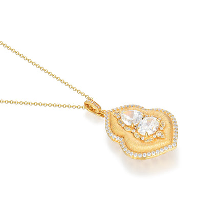 Royal Radiance Pendant Necklace - S925 Sterling Silver & Simulated Diamond - Ornate Brushed Gold Finish Statement Piece