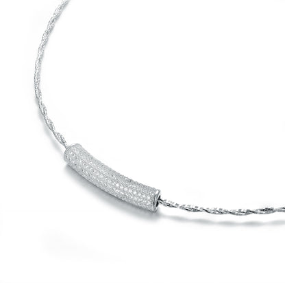 Dainty 925 Sterling Silver Curved Bar Necklace with Pave Simulated Diamonds - Minimalist Jewelry for Her