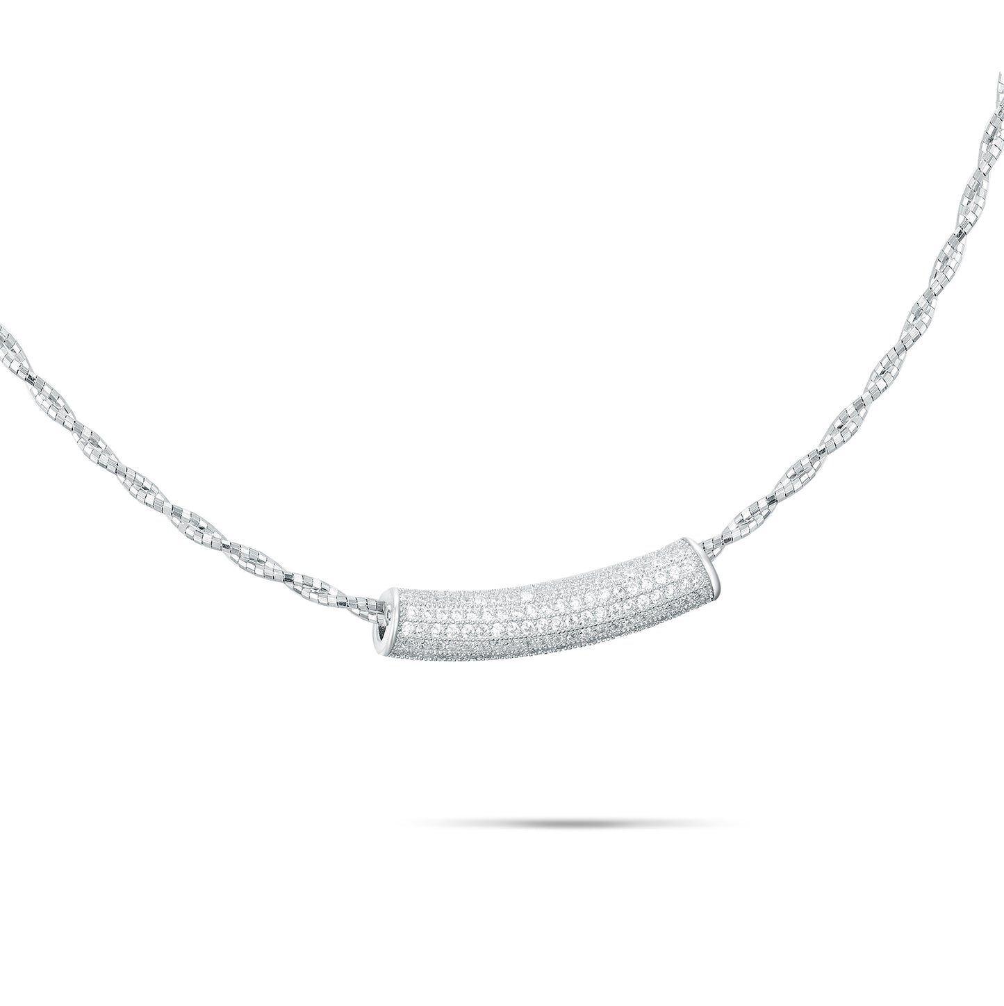 Dainty 925 Sterling Silver Curved Bar Necklace with Pave Simulated Diamonds - Minimalist Jewelry for Her