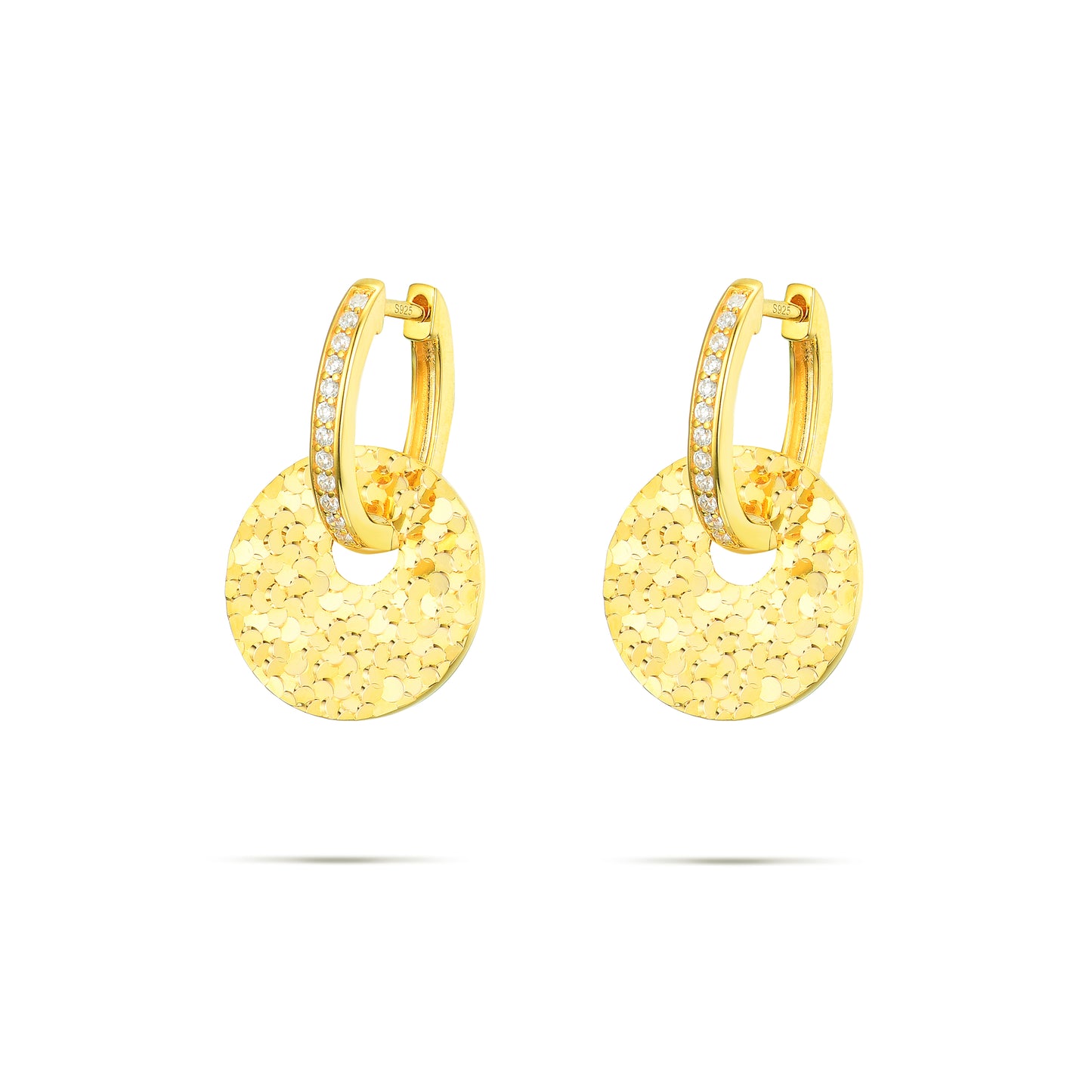 Hammered Coin Huggie Hoops with Sparkling Cubic Zirconia in S925 Sterling Silver