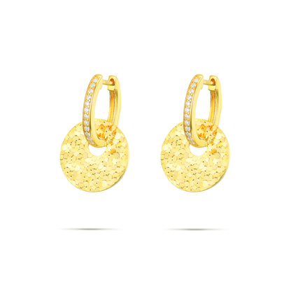 Hammered Coin Huggie Hoops with Sparkling Cubic Zirconia in S925 Sterling Silver