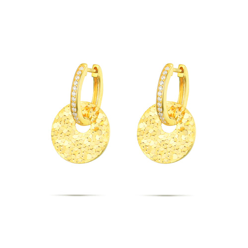 Hammered Coin Huggie Hoops with Sparkling Cubic Zirconia in S925 Sterling Silver