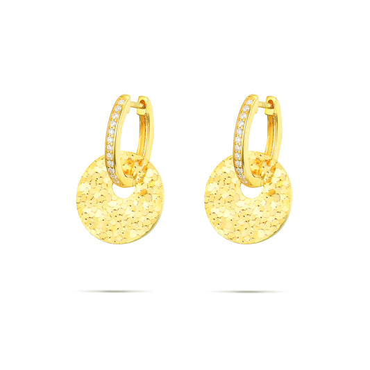 Hammered Coin Huggie Hoops with Sparkling Cubic Zirconia in S925 Sterling Silver
