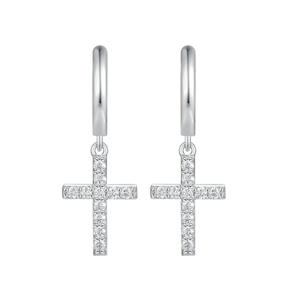 Eternal Light Dangle Cross Hoops - D Color VVS1 Moissanite in Sterling Silver