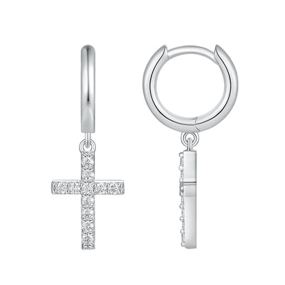 Eternal Light Dangle Cross Hoops - D Color VVS1 Moissanite in Sterling Silver