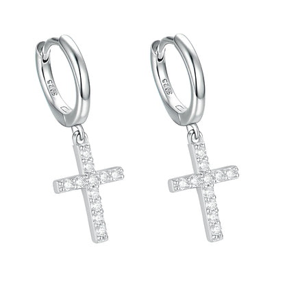 Eternal Light Dangle Cross Hoops - D Color VVS1 Moissanite in Sterling Silver
