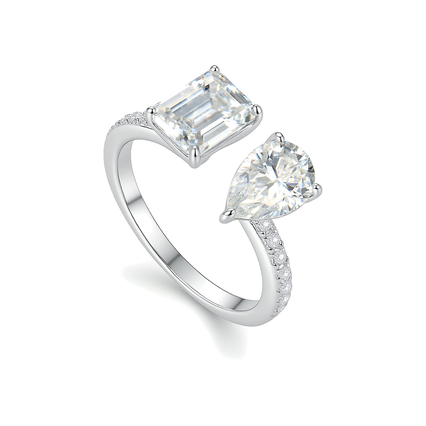 Toi et Moi Moissanite Ring - Pear & Emerald Cut Duo - S925 Sterling Silver Statement Band