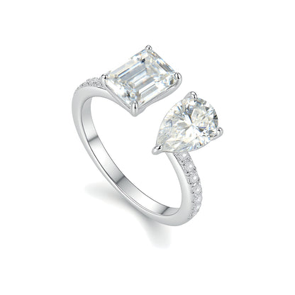 Toi et Moi Moissanite Ring - Pear & Emerald Cut Duo - S925 Sterling Silver Statement Band
