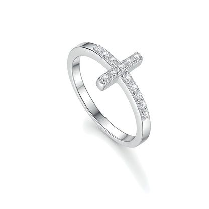 "The Eternal Light" - S925 Sterling Silver Sideways Cross Ring with Brilliant Moissanite