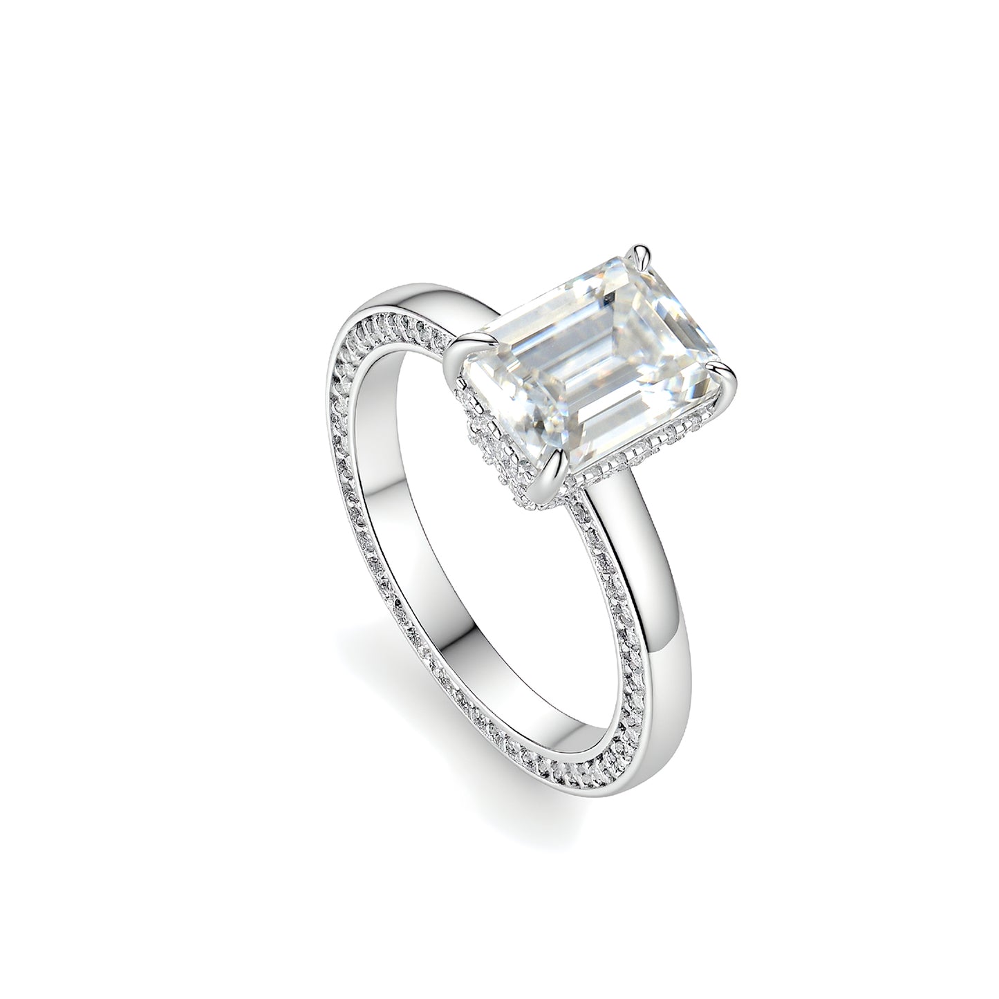 The "Infinite Horizon" Emerald Cut Moissanite Duo – 3ct Step-Cut Solitaire with Architectural Hidden Halo & Minimalist Stacking Band Set in S925