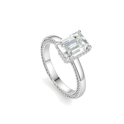The "Infinite Horizon" Emerald Cut Moissanite Duo – 3ct Step-Cut Solitaire with Architectural Hidden Halo & Minimalist Stacking Band Set in S925