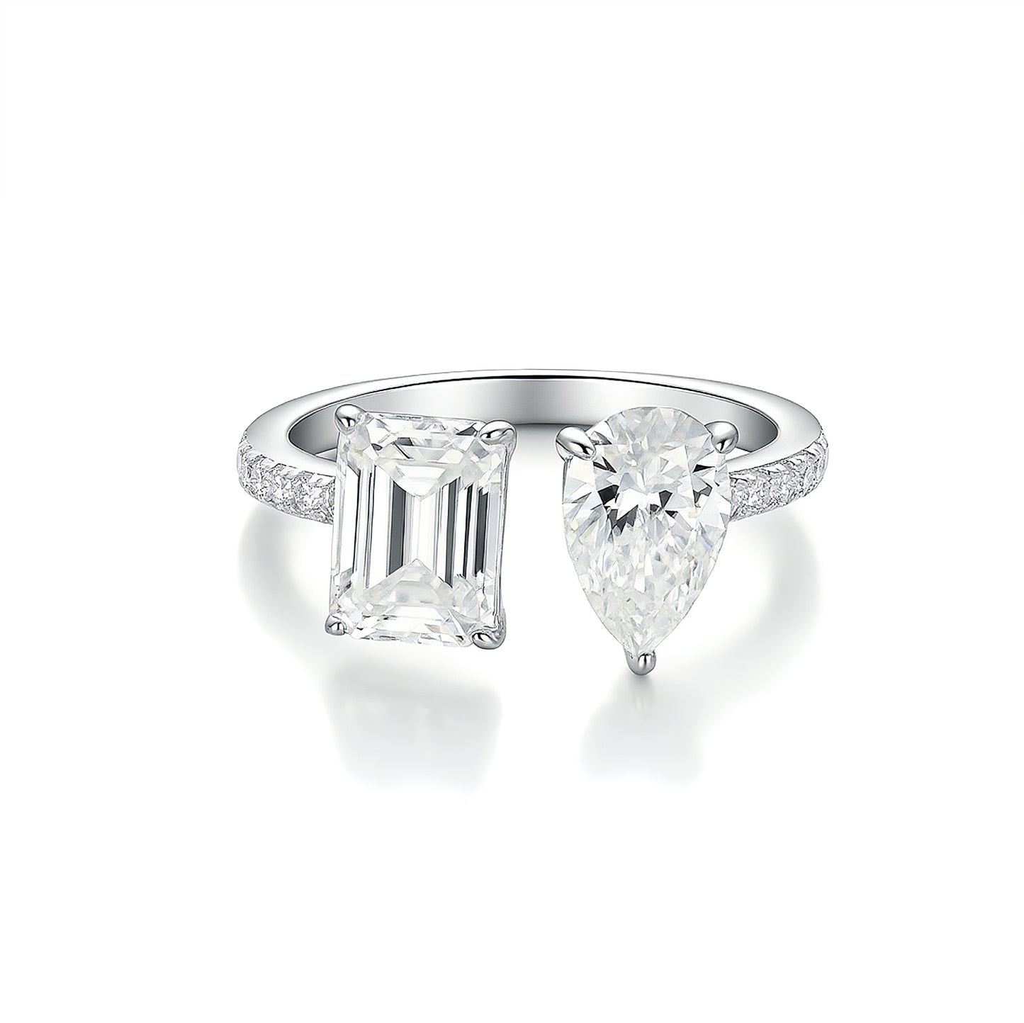 Toi et Moi Moissanite Ring - Pear & Emerald Cut Duo - S925 Sterling Silver Statement Band