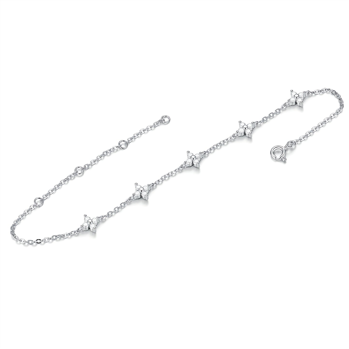 The "Bloom-in-Light" Bracelet: Lab-Grown Moissanite 4-Petal Flower Chain in Rhodium-Finished Silver