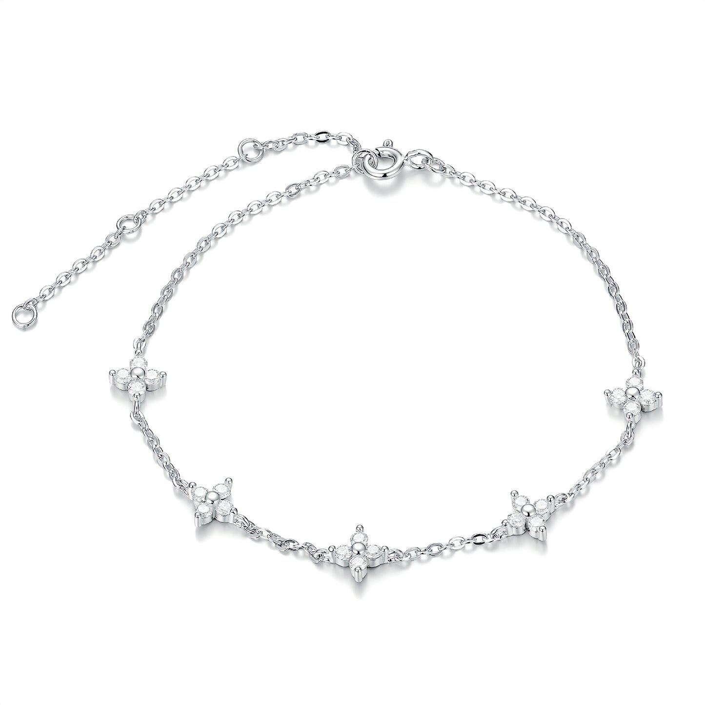 The "Bloom-in-Light" Bracelet: Lab-Grown Moissanite 4-Petal Flower Chain in Rhodium-Finished Silver