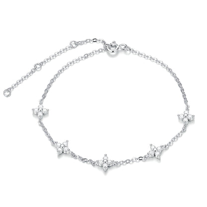 The "Bloom-in-Light" Bracelet: Lab-Grown Moissanite 4-Petal Flower Chain in Rhodium-Finished Silver