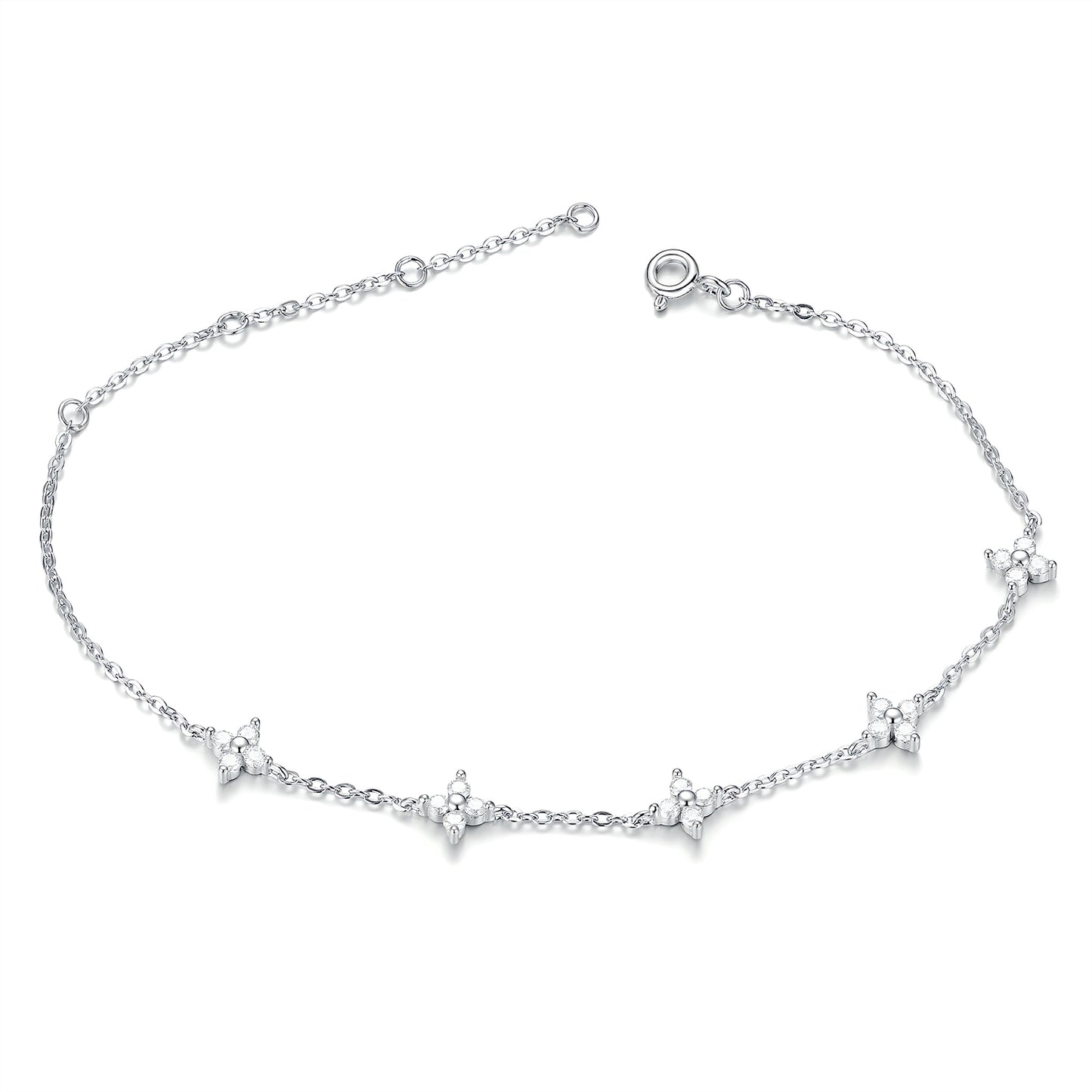 The "Bloom-in-Light" Bracelet: Lab-Grown Moissanite 4-Petal Flower Chain in Rhodium-Finished Silver