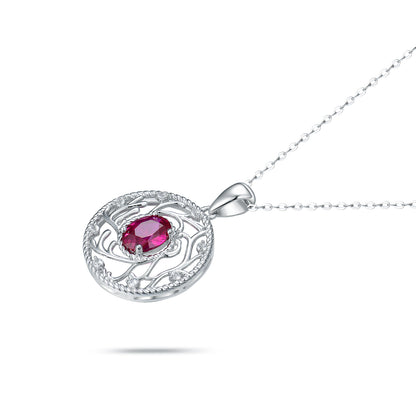 S925 Sterling Silver Tree of Life Necklace | Vintage Filigree Circle Pendant with Oval Ruby Simulant