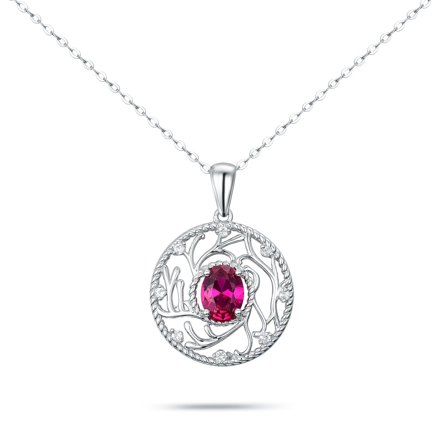 S925 Sterling Silver Tree of Life Necklace | Vintage Filigree Circle Pendant with Oval Ruby Simulant