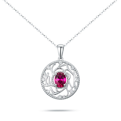 S925 Sterling Silver Tree of Life Necklace | Vintage Filigree Circle Pendant with Oval Ruby Simulant