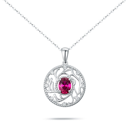 S925 Sterling Silver Tree of Life Necklace | Vintage Filigree Circle Pendant with Oval Ruby Simulant