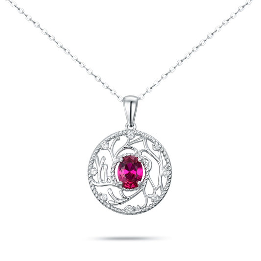 S925 Sterling Silver Tree of Life Necklace | Vintage Filigree Circle Pendant with Oval Ruby Simulant