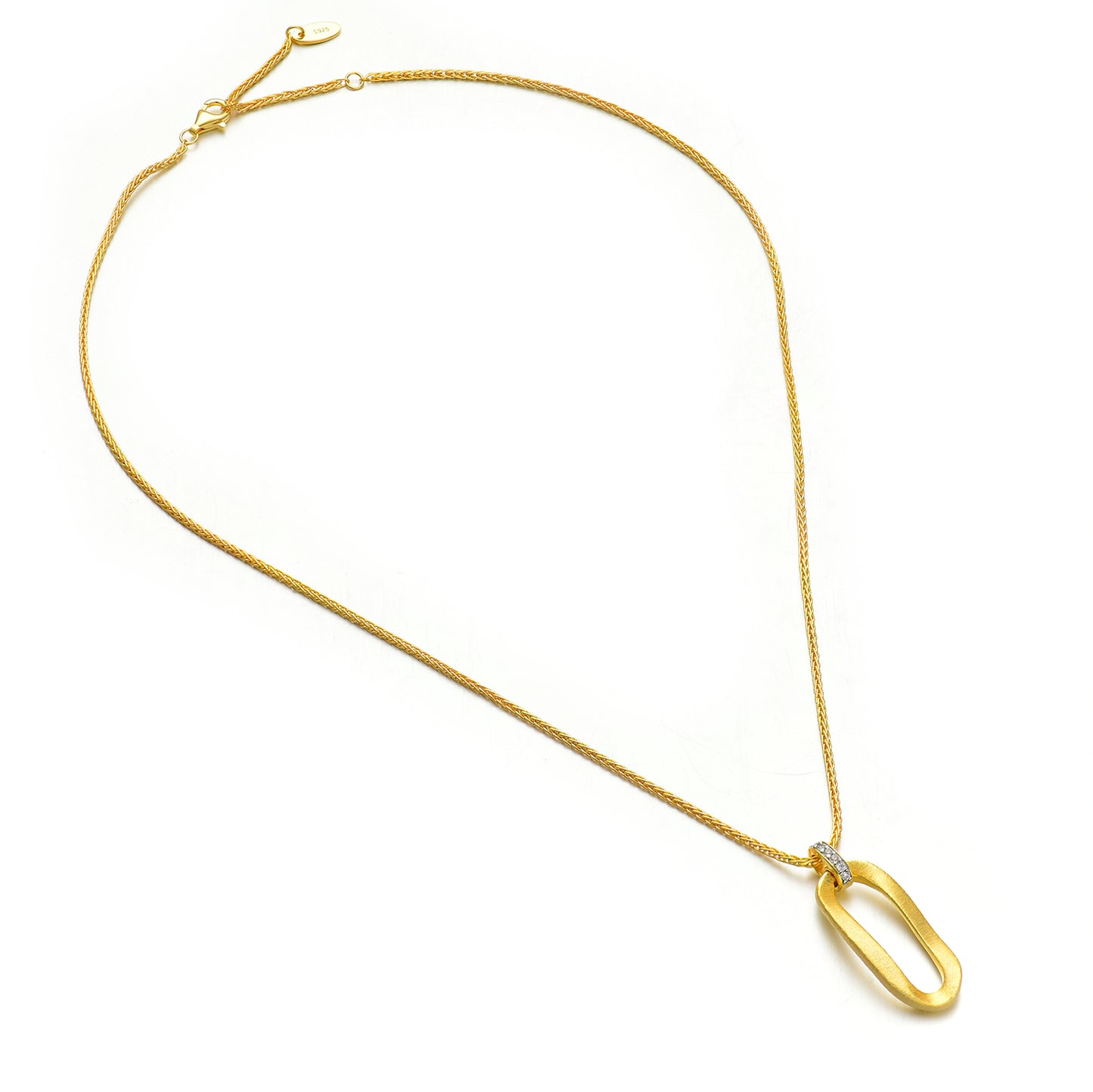 Organic Silk-Textured Oval Link Necklace in S925 Sterling Silver | Hand-Engraved Finish & Brilliant Simulated Diamond Accent