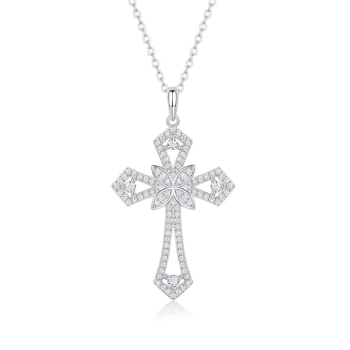 Dainty Floral Moissanite Cross Pendant Necklace in 925 Sterling Silver - Brilliant D Color VVS1