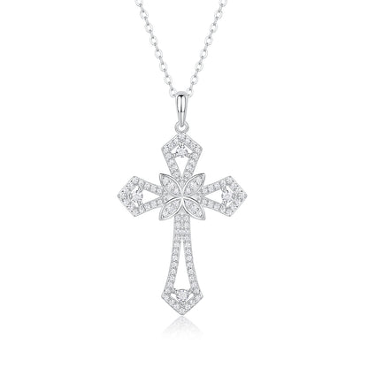 Dainty Floral Moissanite Cross Pendant Necklace in 925 Sterling Silver - Brilliant D Color VVS1