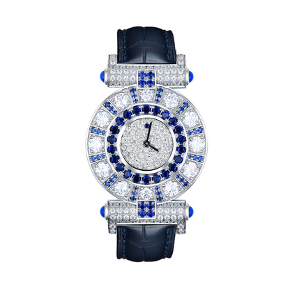 Luxury Women's S925 Sterling Silver Watch - Radiant Simulated Diamond Bezel with Genuine Leather Strap