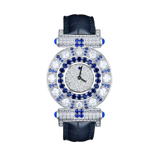 Luxury Women's S925 Sterling Silver Watch - Radiant Simulated Diamond Bezel with Genuine Leather Strap