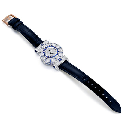 Luxury Women's S925 Sterling Silver Watch - Radiant Simulated Diamond Bezel with Genuine Leather Strap