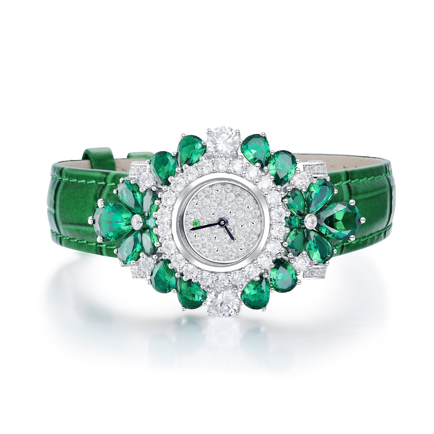 Luxurious Pear-Cut Simulated Diamond Statement Watch, 925 Silver, Genuine Leather Strap
