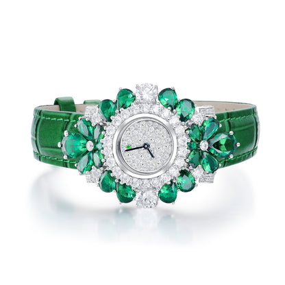 Luxurious Pear-Cut Simulated Diamond Statement Watch, 925 Silver, Genuine Leather Strap