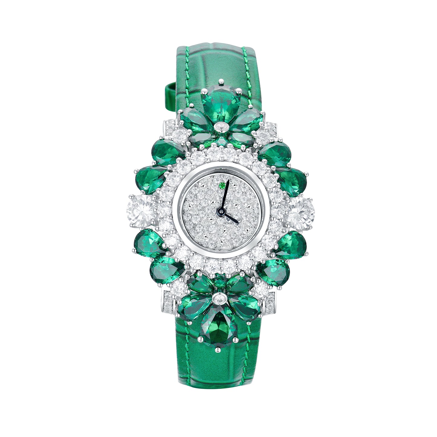 Luxurious Pear-Cut Simulated Diamond Statement Watch, 925 Silver, Genuine Leather Strap