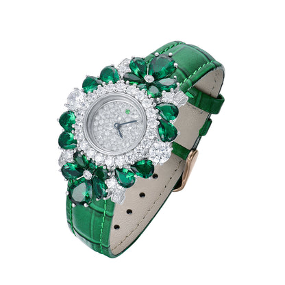 Luxurious Pear-Cut Simulated Diamond Statement Watch, 925 Silver, Genuine Leather Strap