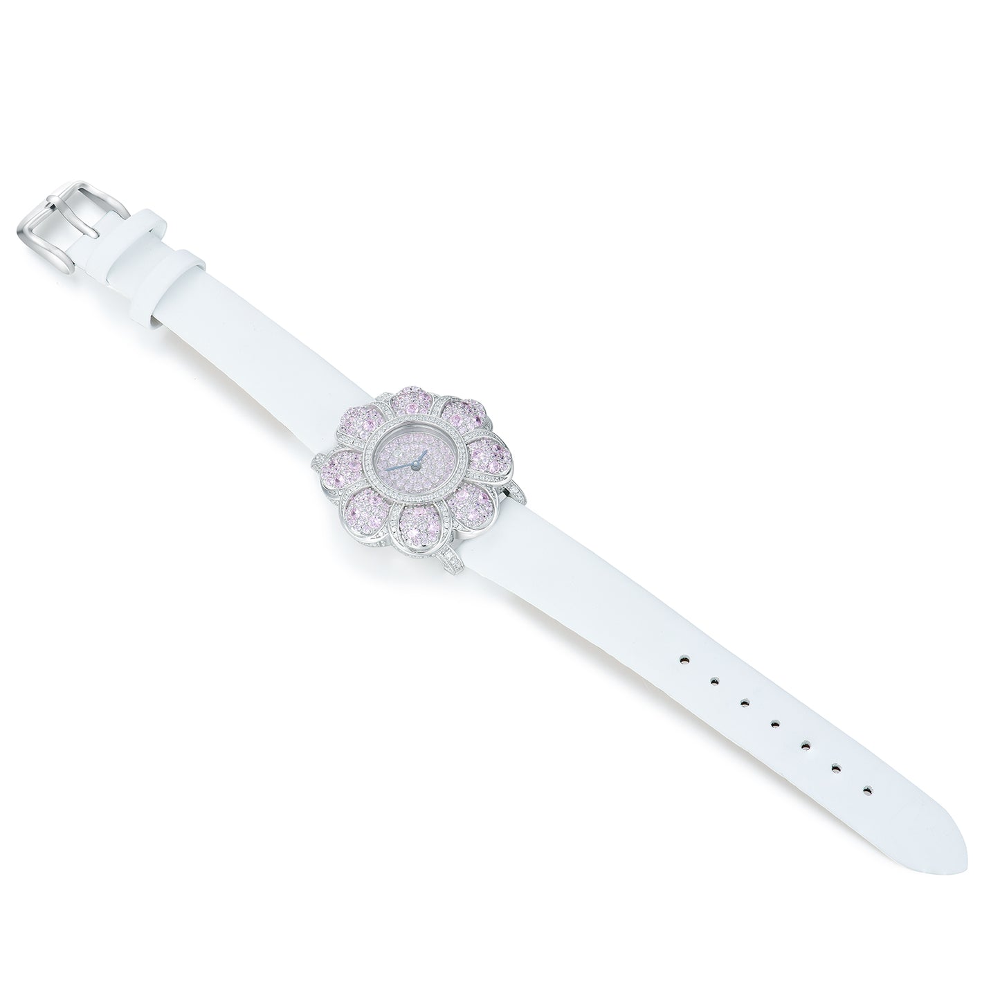 Exquisite Flower Secret Watch in S925 Silver - Simulated Diamond Pave & Genuine Leather Strap