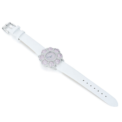 Exquisite Flower Secret Watch in S925 Silver - Simulated Diamond Pave & Genuine Leather Strap