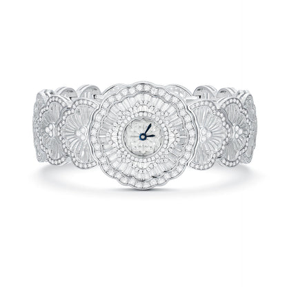 Luxury Waterlily Floral Jewelry Watch - S925 Sterling Silver, Simulated Diamonds, Swiss Quartz Movement