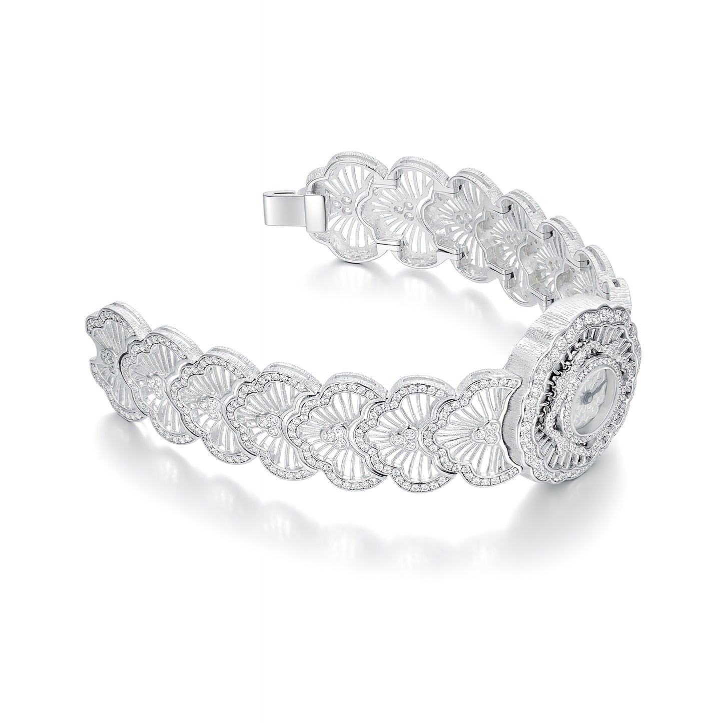 Luxury Waterlily Floral Jewelry Watch - S925 Sterling Silver, Simulated Diamonds, Swiss Quartz Movement