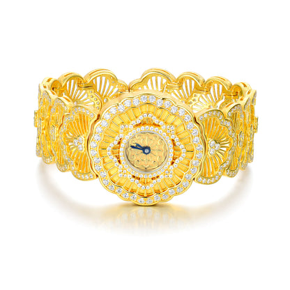Vintage Honeycomb Tulle Bangle Watch – S925 Sterling Silver with Simulated Diamonds