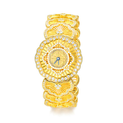 Vintage Honeycomb Tulle Bangle Watch – S925 Sterling Silver with Simulated Diamonds