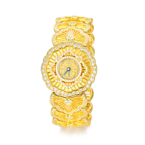 Vintage Honeycomb Tulle Bangle Watch – S925 Sterling Silver with Simulated Diamonds