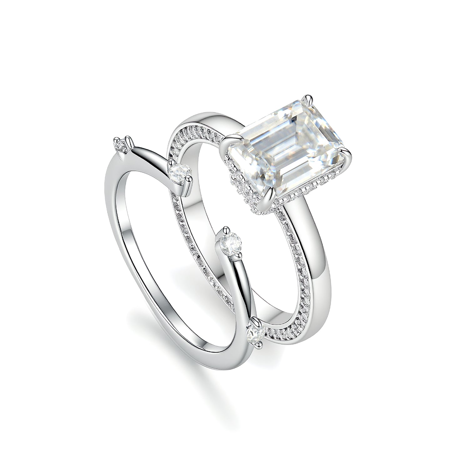 The "Infinite Horizon" Emerald Cut Moissanite Duo – 3ct Step-Cut Solitaire with Architectural Hidden Halo & Minimalist Stacking Band Set in S925