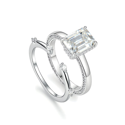 The "Infinite Horizon" Emerald Cut Moissanite Duo – 3ct Step-Cut Solitaire with Architectural Hidden Halo & Minimalist Stacking Band Set in S925