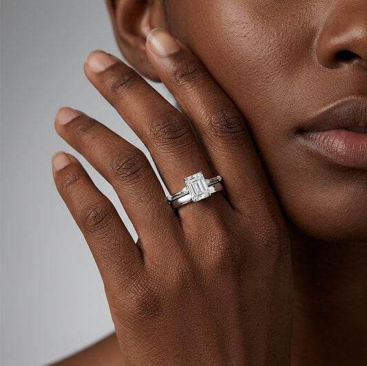 The "Infinite Horizon" Emerald Cut Moissanite Duo – 3ct Step-Cut Solitaire with Architectural Hidden Halo & Minimalist Stacking Band Set in S925